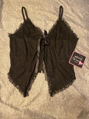 Mixed Threads XL Black Sleeveless Open Tie Front Lace Tank Top Adj Straps NWT